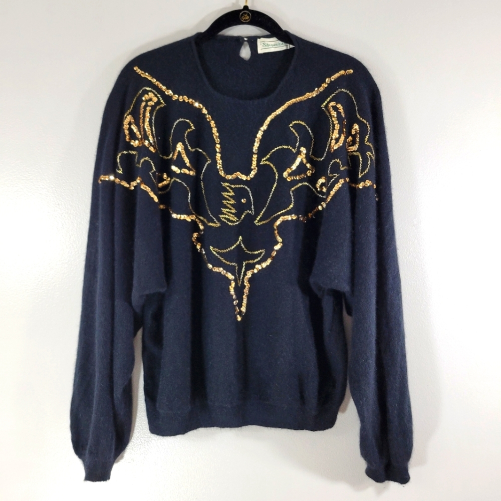 Vintage SHENANIGANS black angora blend dolman sleeve sequined pullover sweater